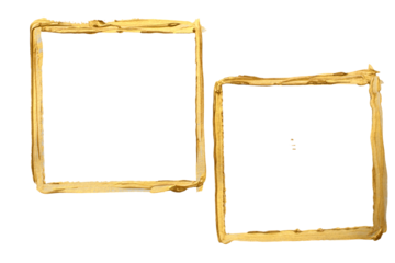 Two golden paint stroke frames on white, artistic for backgrounds and design.