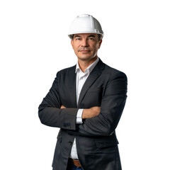 CEO, pictured, with white civil engineer helmet full body, dress suit, executive posture on transparency background PNG
