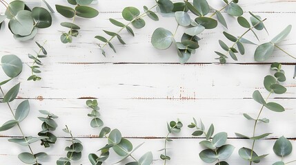 Eucalyptus branches and leaves on wooden rustic white background Minimal background eucalyptus on white board Flat lay top view copy space : Generative AI - Powered by Adobe