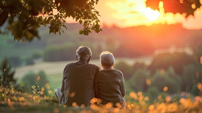 Elderly couple watching a sunset from a nursing home garden