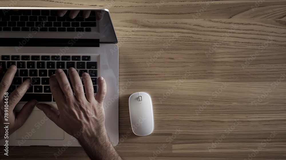 Aufkleber Man typing on laptop computer keboard over wood office desk table with white wireless mouse Top view with copy space flat lay : Generative AI