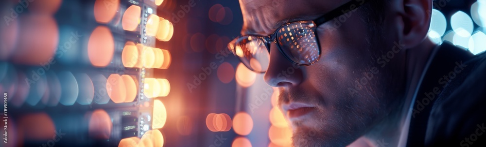 Leinwandbilder An attentive and qualified male engineer in the data center ensures the efficient functioning of servers and network equipment, solving technical problems and ensuring smooth operation infrastructure