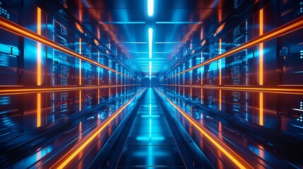A long futuristic spaceship corridor of data center with blue and orange lights