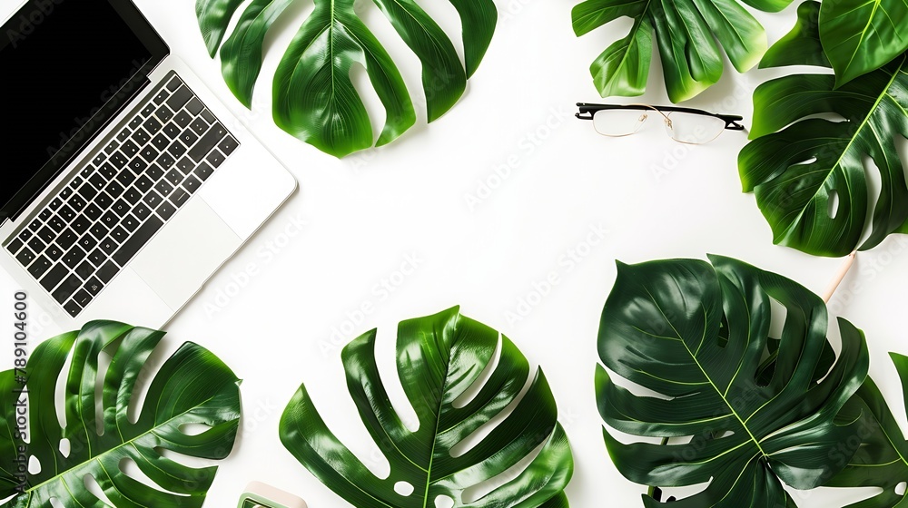 Poster home office workspace mockup with laptop tropical leaves monstera notebook and accessories on white 
