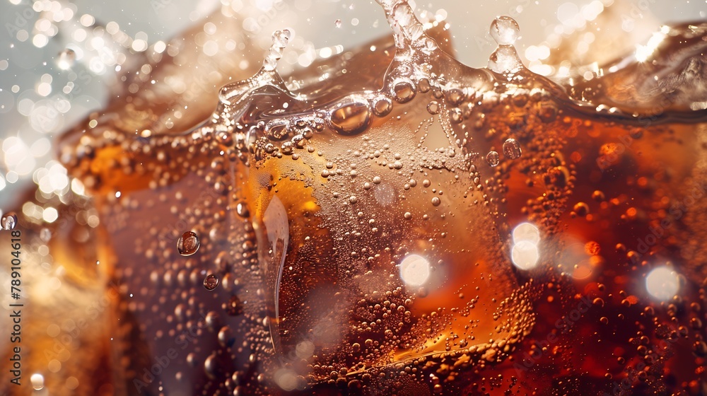 Fototapete Pouring of Cola and Ice Cola soda and ice splashing fizzing or floating up to top of surface Close up of ice in cola water Texture of carbonate drink with bubbles in glass Cold drink b : Generative AI