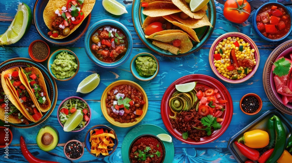 Poster A vibrant Mexican spread adorned the table with a mouth watering array of traditional dishes From hearty chili con carne to crispy tacos zesty tomato salsa and corn chips topped with creamy