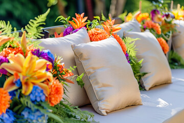 Pillows Decorated for a Garden Party, Aligned on an Outdoor Table and Surrounded by Colorful Flowers to Enhance the Elegance in Nature