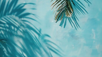 Mint Blue cement texture wall leaf plant shadow backgroundSummer tropical travel beach with minimal...