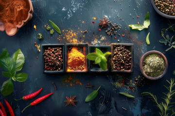 A vibrant composition consisting of a variety of colorful spices, aromatic herbs and seasonings, elegantly arranged against a dark background.