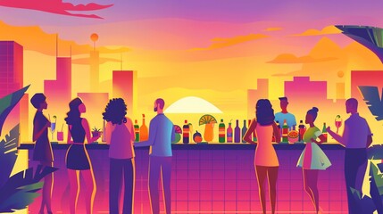 A summer rooftop party capturing the vibrant sunset and attendees in seasonal attire, focusing on a colorful cocktail bar lined with tropical fruits and drinks, illustrated in warm, bright colors agai - obrazy, fototapety, plakaty