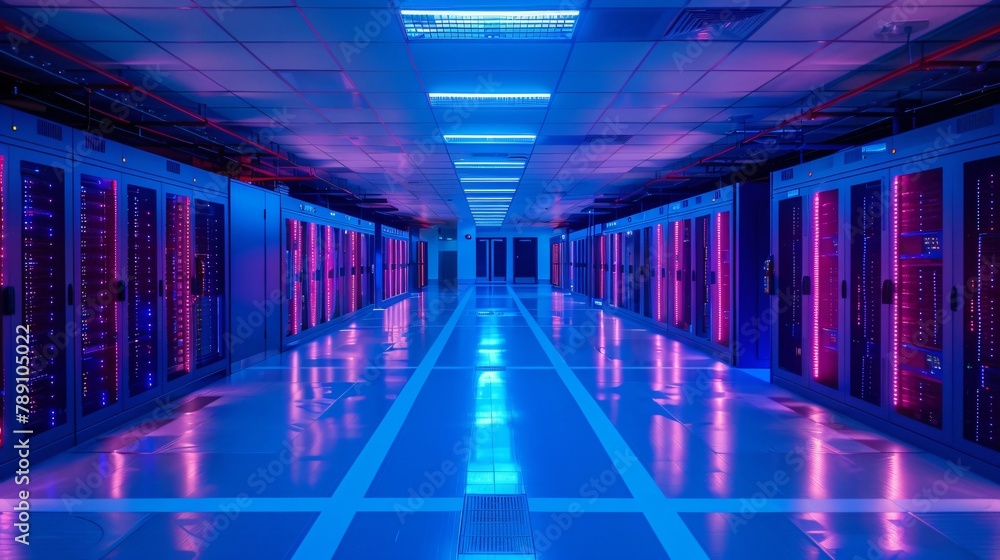 Poster A long, brightly lit hallway with rows of server racks on either side.