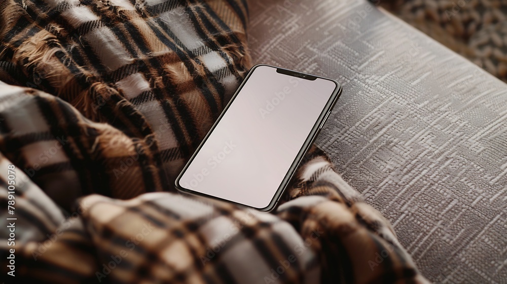 Poster phone with blank screen lying on the sofa with brown plaid modern minimal still life smart phone moc