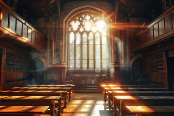 Obraz premium Quaint old heritage lecture hall, bathed in the glow of mystic frostfire through a large window, symbolizing the fusion of tradition and magic, 