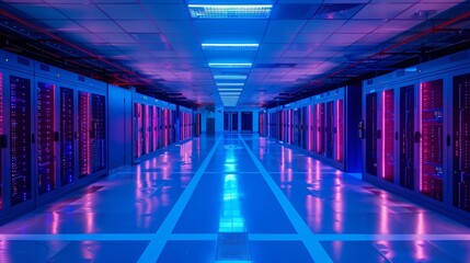 Fototapeta premium A long, brightly lit hallway with rows of server racks on either side.