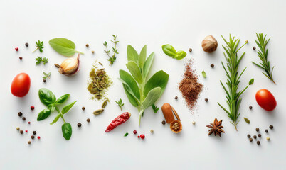 Fototapeta na wymiar A vibrant composition consisting of a variety of colorful spices, aromatic herbs and seasonings, elegantly arranged on a white background, with copy space 