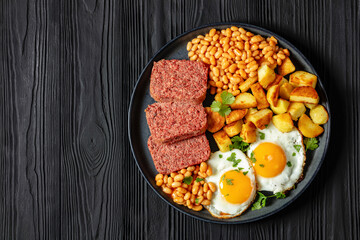 corned beef, baked beans, potatoes and fried eggs