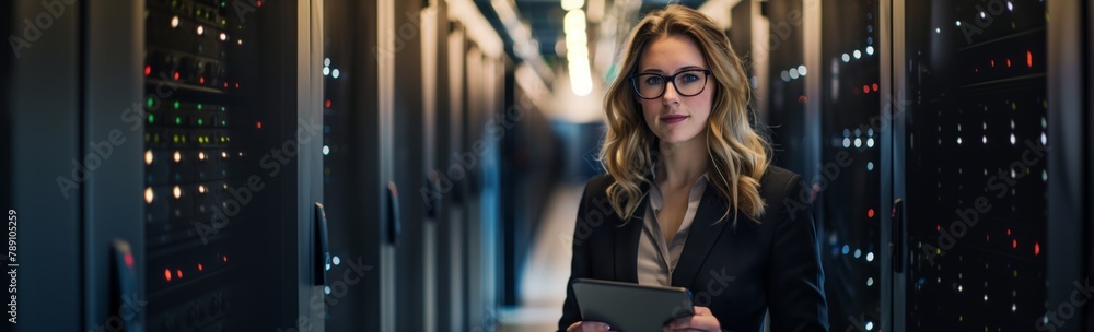 Poster An attentive data security professional in the data center implements strict security measures to guarantee the integrity and confidentiality of information. Wide banner
