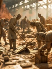An archaeological site where historians uncover statues from the Terracotta Army alongside relics from the Trojan War, focusing on a detailed, recently unearthed shield with both Chinese and Greek ins - obrazy, fototapety, plakaty