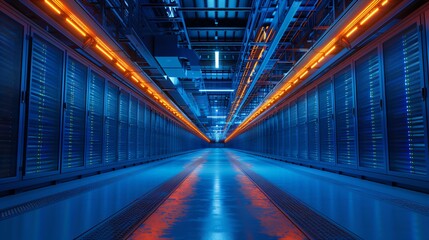 Fototapeta premium A long, futuristic, blue-lit hallway with glowing orange lights on the floor and ceiling.