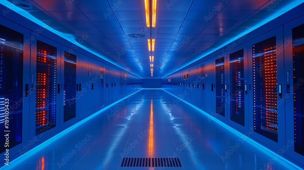Poster a trusted data center with rows of server racks on either side