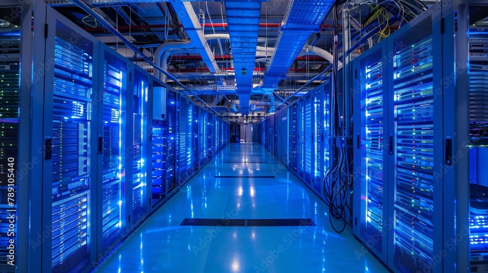 Poster a trusted data center with rows of server racks on either side