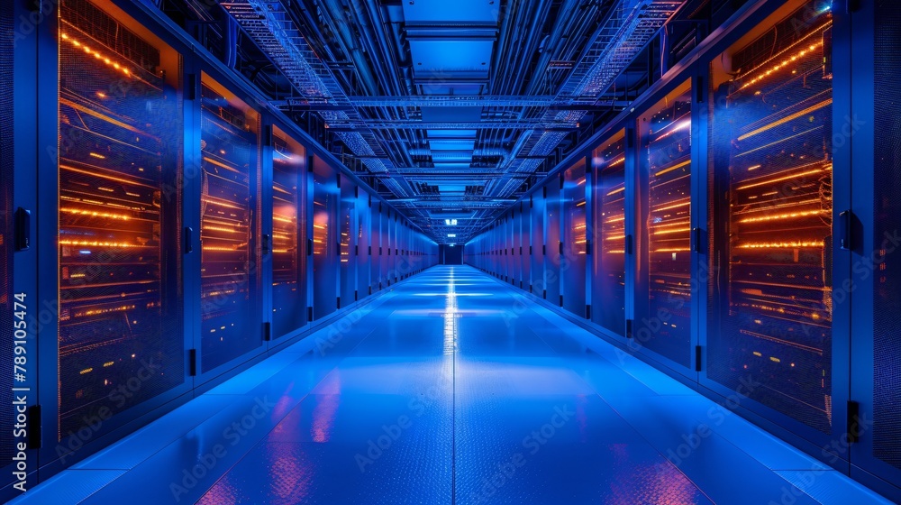 Poster a trusted data center with rows of server racks on either side