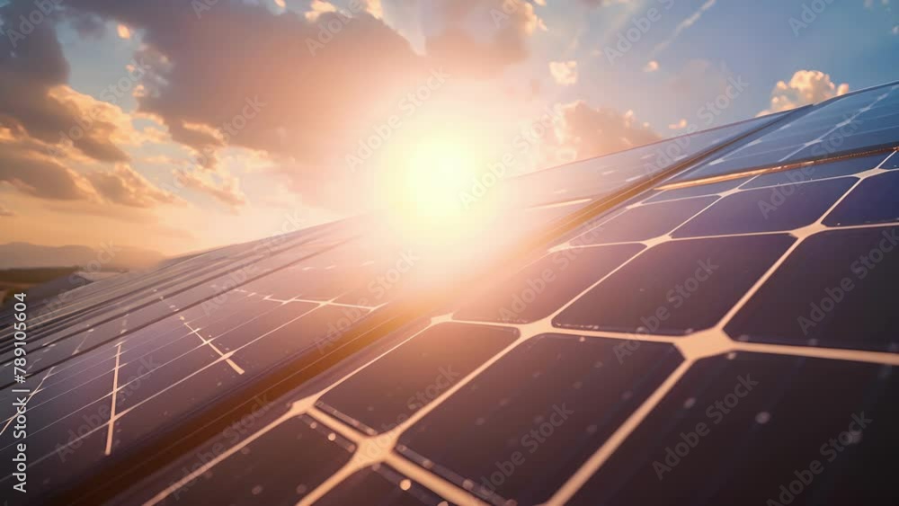 Poster a closeup of a solar panel on a rooftop with the suns rays shining directly onto it. the panel is su