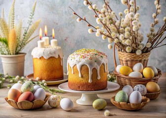 Orthodox Easter. Easter cake, painted eggs, icons, faces of saints, flowers, church candles and Easter decor on a wooden table in an old village house.