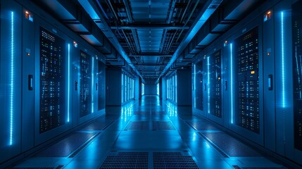 Futuristic Sci-fi Server Room, Dark Blue Tone. - obrazy, fototapety, plakaty