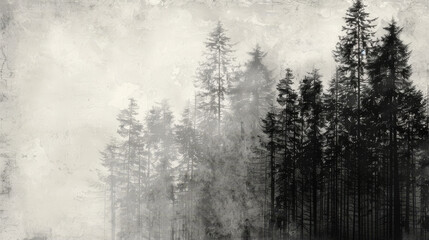 Black and white misty forest scene with dense trees.