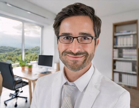 Un homme barbue souriant dans son bureau