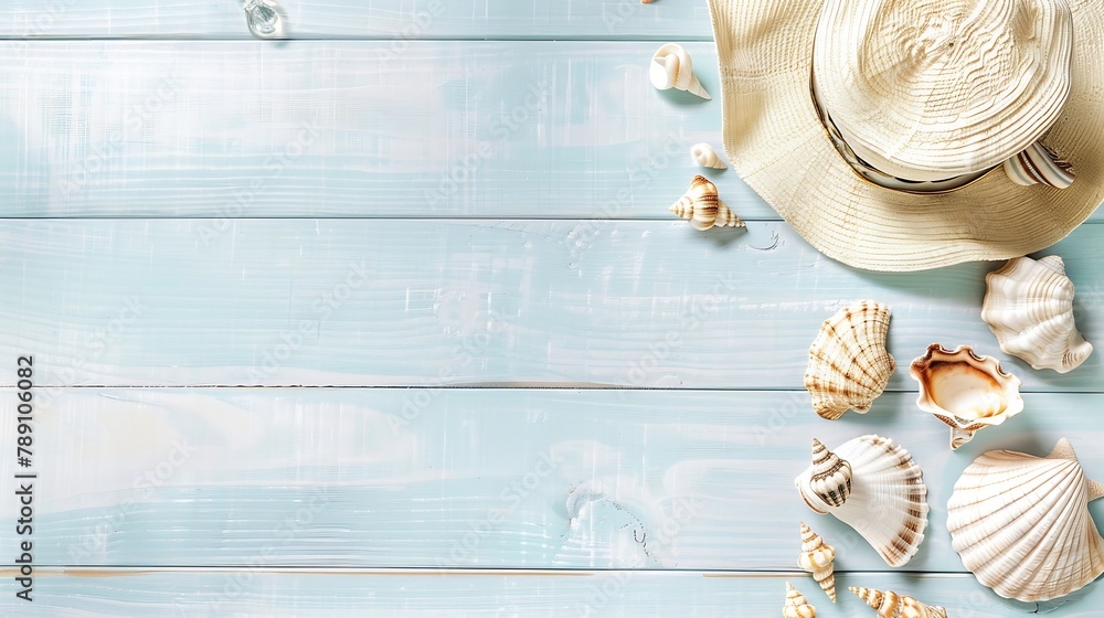 Poster beautiful summer holiday beach background with some accessories and shells on white wood panel top v
