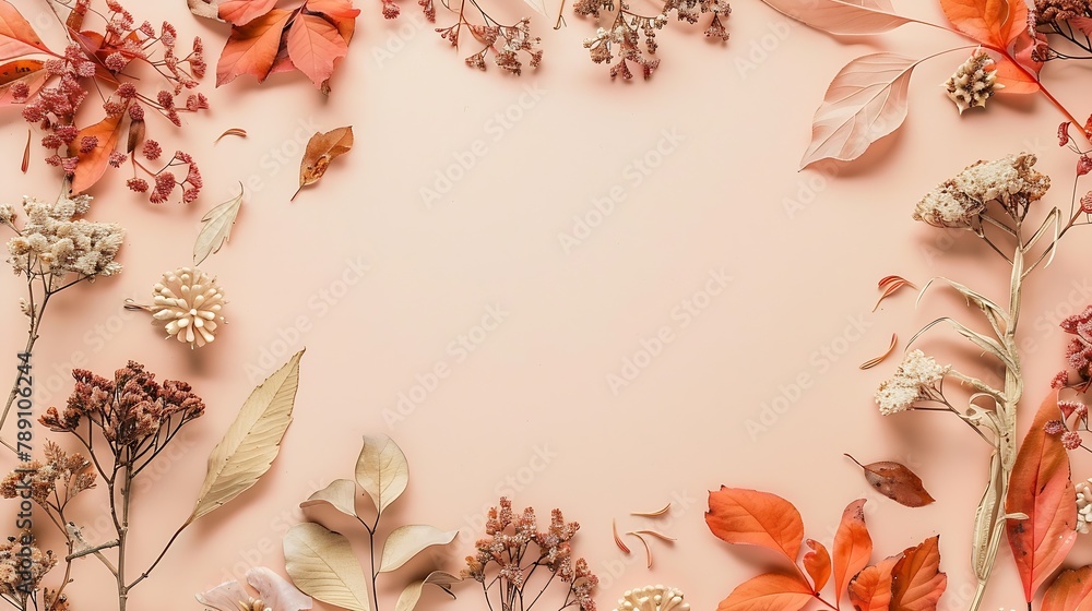 Poster autumn composition frame made of dried flowers and leaves on pastel beige background autumn fall con