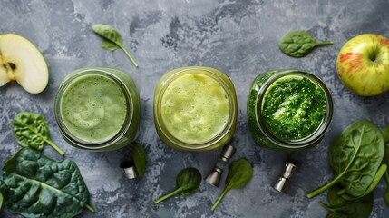 Variety of three color green spinach kale apple yogurt smoothie in mason jars with retro cocktail tubes and ingredients above over gray texture background Healthy vegan detox eating To : Generative AI - obrazy, fototapety, plakaty