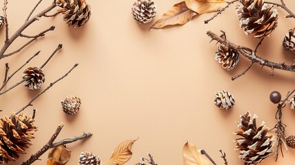 Fototapeta na wymiar Pine cones bark and tree branch frame flat lay on beige background with copy space top view Autumn composition : Generative AI