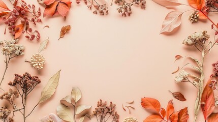 Autumn composition Frame made of dried flowers and leaves on pastel beige background Autumn fall concept Flat lay top view copy space : Generative AI