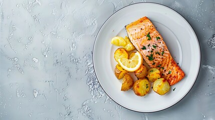 baked salmon steak and roasted potatoes on a white plate horizontal view from above flat lay free space : Generative AI