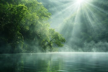 : A serene lake nestled in a lush green forest, with mist rising from the water and sunlight filtering through the trees
