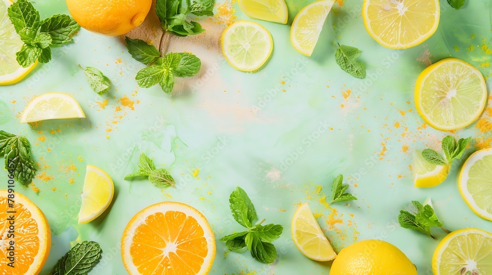 Aufkleber Citrus slices and mint herbs frame on retro mint pastel background with copyspace from above Top view of lemon and orange refreshment Summer fruit smoothie minimal banner design : Generative AI
