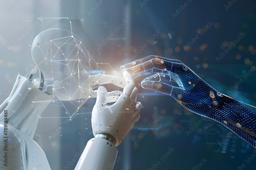 Poster ai, machine learning, hands of robot and human touching on big data network connection background, s