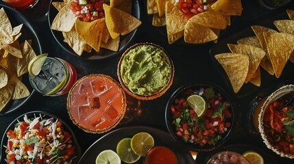 Mexican food a flat lay panorama on a black background Nachos tortillas Paloma cocktails guacamole shot from the top : Generative AI