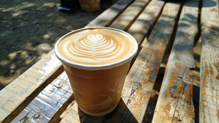 View of cup of hot caffe latte on wooden picnic table - obrazy, fototapety, plakaty