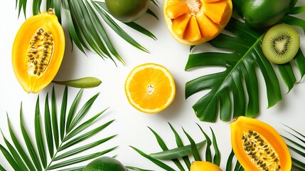 Summer tropical composition Green palm leaves and tropical fruits on white background Summer concept Flat lay top view copy space : Generative AI