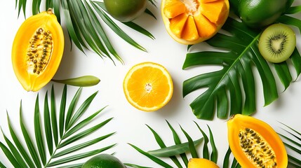 Summer tropical composition Green palm leaves and tropical fruits on white background Summer...