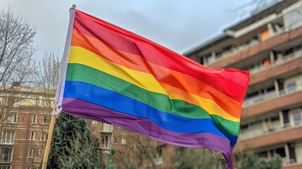 Rainbow Pride Flag Waving Against Urban Background