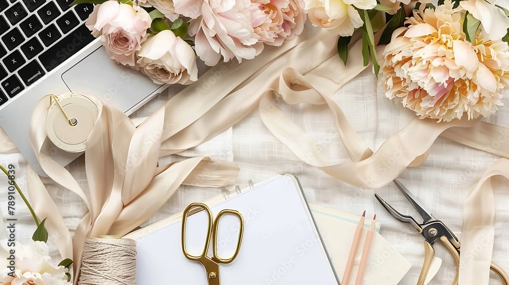 Poster workplace with laptop succulent peonies golden scissors spool with beige ribbon pencils and diary fl