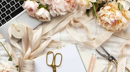 Workplace with laptop succulent peonies golden scissors spool with beige ribbon pencils and diary...