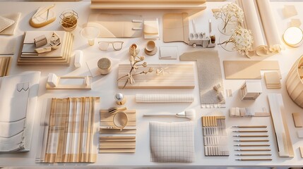 Flat lay design of creative architect moodboard composition with samples of building beige textile...