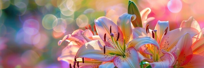 Delicate Lilies Shimmering in Vibrant Sunlight: A Close-up Shot of Radiant Floral Beauty