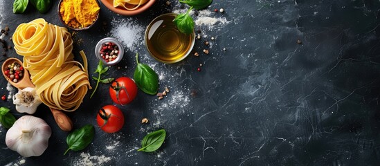 Background of preparing tagliatelle pasta with ingredients on a black stone surface, showcasing Italian culinary traditions from a top-down perspective.